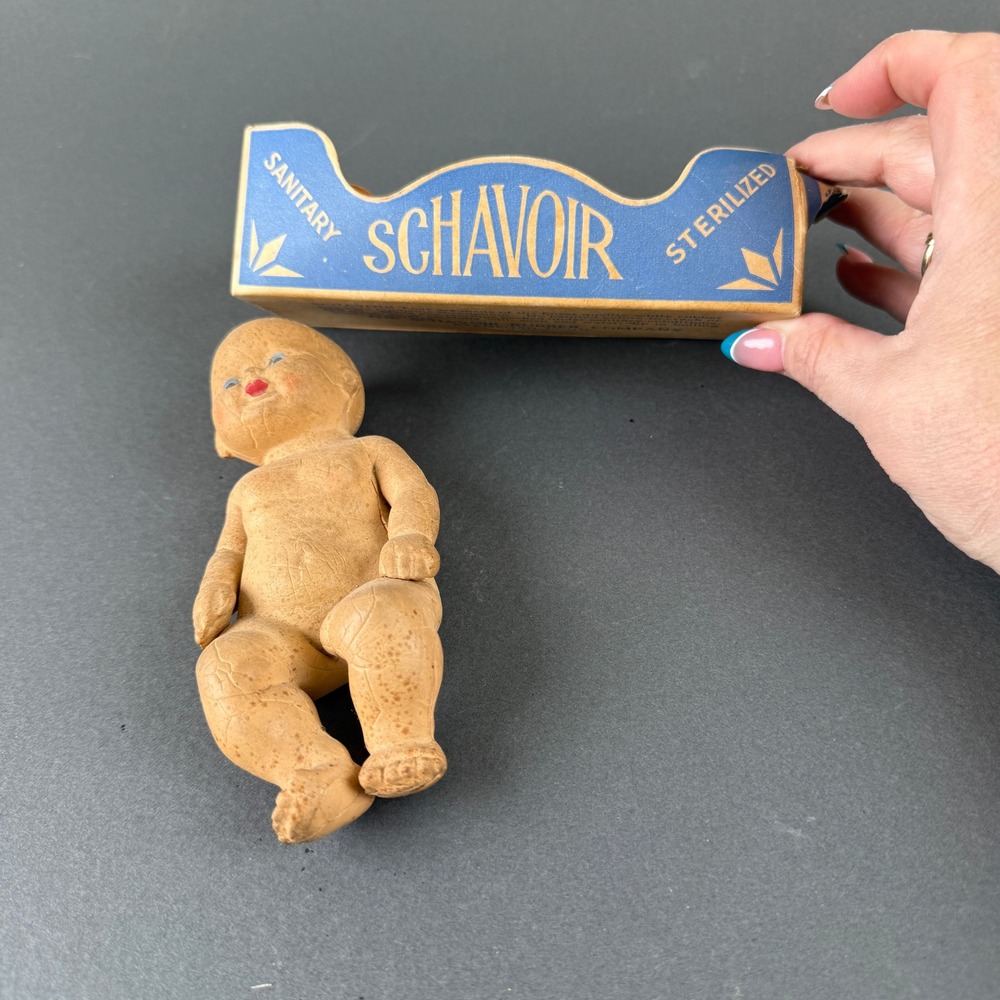 Vintage SCHAVOIR Sanitized Sterilized Rubber Baby Doll w/ Original Box‎ 6"